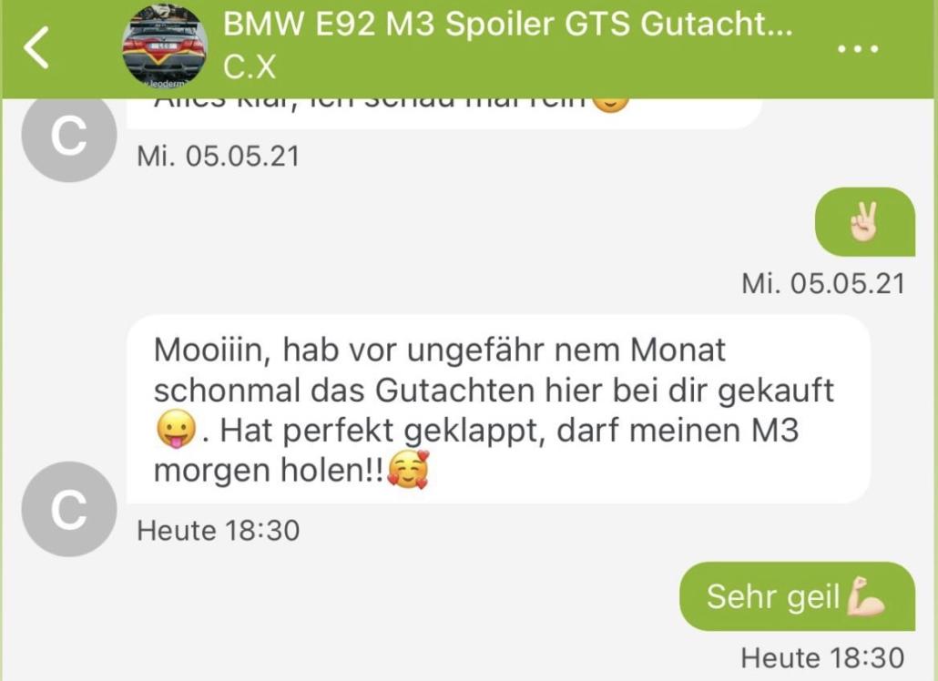Teilegutachten GTS Spoiler E92 M3 E90 E82 BMW uvm. Gutachten TÜV